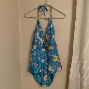 ModCloth Blue Floral Pamela Halter Swimsuit Size XL NWOT